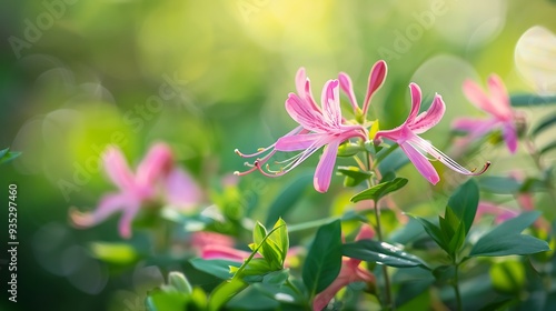 In a bright meadow vibrant pink Lonicera xylosteum petals grow amid lush greenery photo