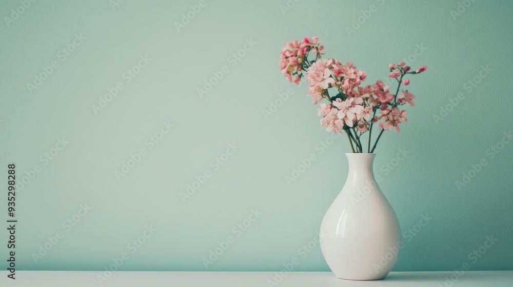 Pink flowers in a white vase placed against pastel green walls, creating a soft and charming aesthetic on a minimalist table. Pink flowers in a white vase placed against pastel green walls, creating a soft and charming aesthetic on a minimalist table.