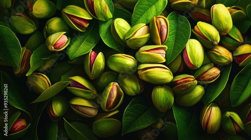 Fresh Green Pistachios with Leaves: A Close-Up View of Nature's Nutty Goodness Captured in Vivid Detail photo