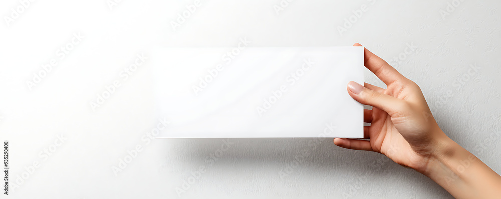 A close-up image of a hand holding a blank white flyer, perfect for design mockups or showcasing brochure designs A close-up image of a hand holding a blank white flyer, perfect for design mockups or showcasing brochure designs