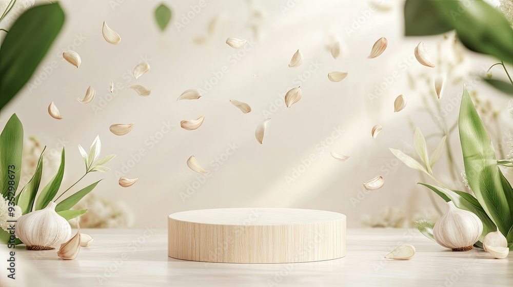 Product podium with cloves of garlic flying in the background, perfect for highlighting natural and fresh products in a clean setting. Product podium with cloves of garlic flying in the background, perfect for highlighting natural and fresh products in a clean setting.