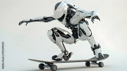 Robot Skater Performing Trick: A robotic skater performing an intricate trick on a sleek, modern skateboard.
