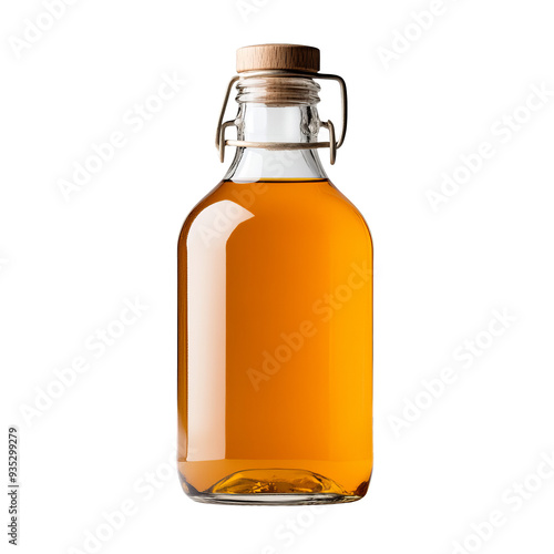 Glass bottle with cork and swing top lid, filled with orange liquid