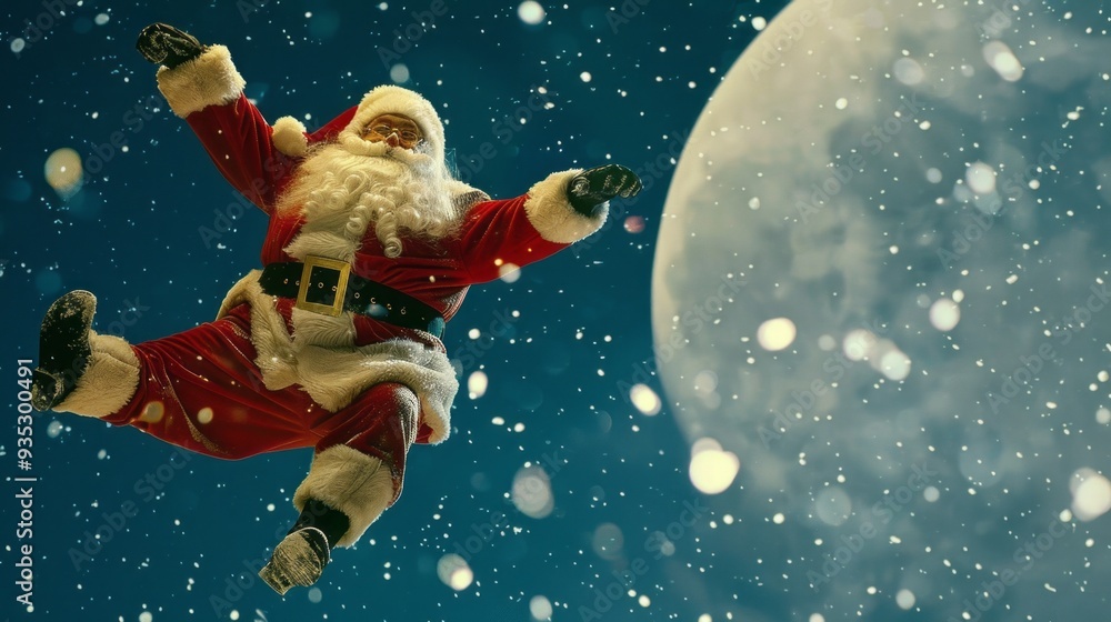 On Christmas Eve, Santa Claus gracefully soars through the snowy night, spreading holiday cheer beneath a luminous full moon in the serene sky On Christmas Eve, Santa Claus gracefully soars through the snowy night, spreading holiday cheer beneath a luminous full moon in the serene sky