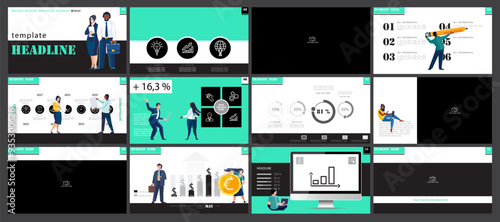Vector illustration. Set of powerpoint, business presentations, money circulation, circulation, euro. Infographic design template, green, black elements. teamwork african american man creates business