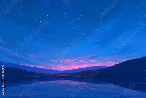 Twilight sky casting a purple hue over a calm lake. Cozy vibe, Generative AI