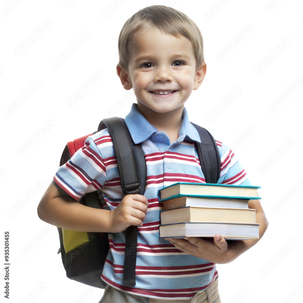 Young preschool student carrying backpack and books near school on white background Young preschool student carrying backpack and books near school on white background