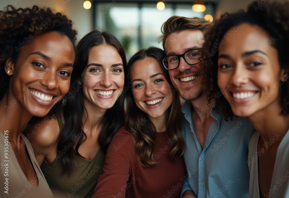 Fototapeta premium A cheerful group of diverse professionals smiling and standing together in a modern office setting, showcasing teamwork and inclusivity.