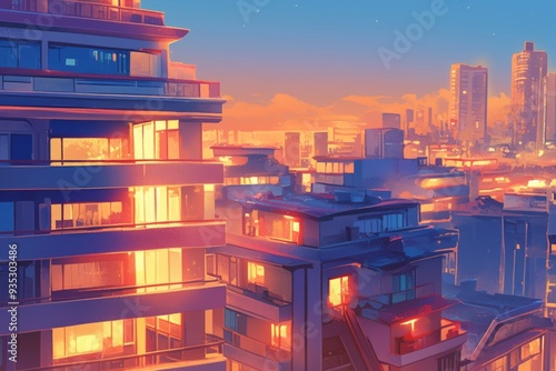 Buildings glowing with the warm light of dusk. Cozy vibe, Generative AI #935303486