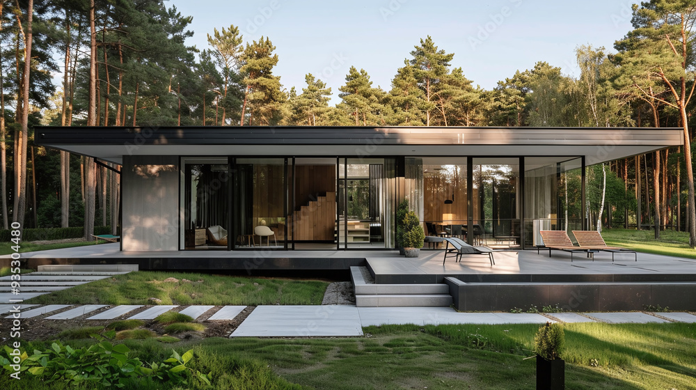 Modern private house in high-tech style with a flat roof and glass walls against the background of the forest Modern private house in high-tech style with a flat roof and glass walls against the background of the forest
