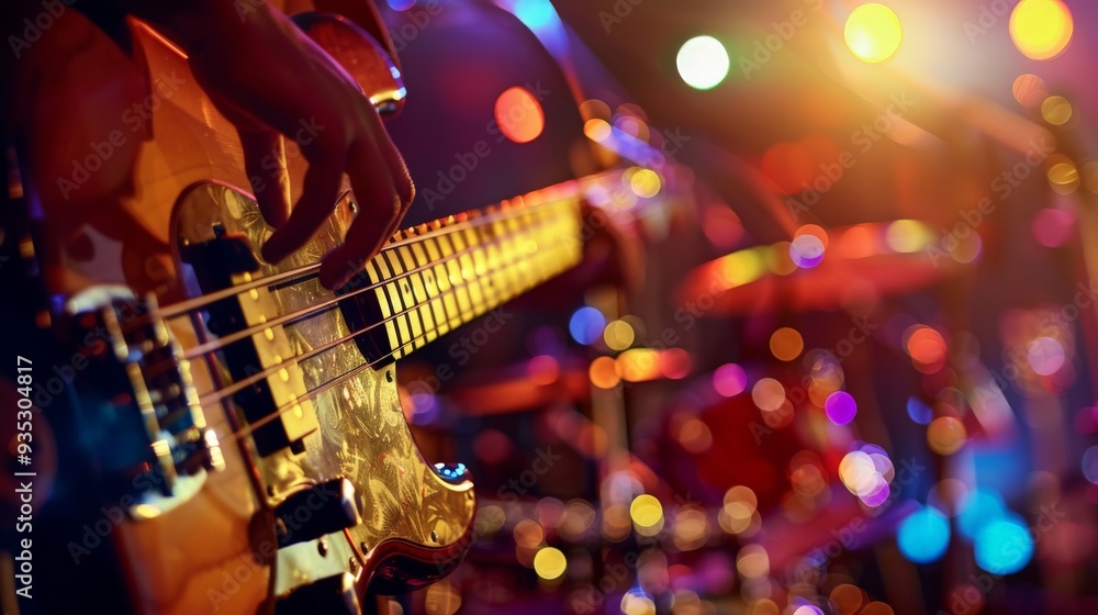 Obraz premium Bass Guitar Performance On Stage with Blurry Lights.