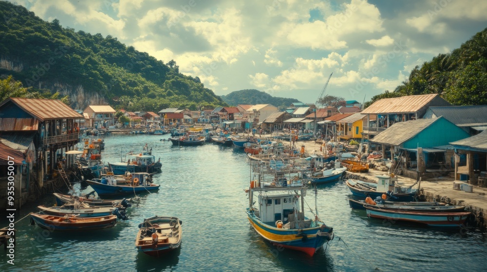 A vibrant fishing village with colorful boats docked in a narrow channel, surrounded by lush green hills under a cloudy sky. A vibrant fishing village with colorful boats docked in a narrow channel, surrounded by lush green hills under a cloudy sky.