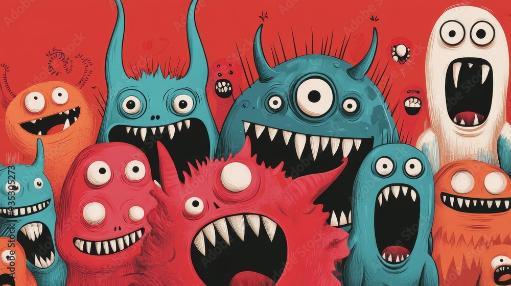 Obraz premium Colorful Cartoon Monsters with Big Teeth and Eyes