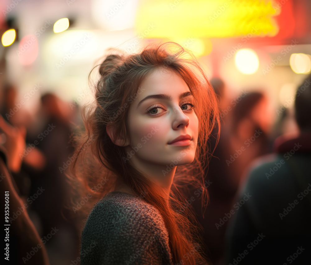 A portrait of an exceptionally beautiful young woman with flowing hair, standing amidst the crowd at a vibrant music festival, bathed in the warm glow of a setting sun. A portrait of an exceptionally beautiful young woman with flowing hair, standing amidst the crowd at a vibrant music festival, bathed in the warm glow of a setting sun.