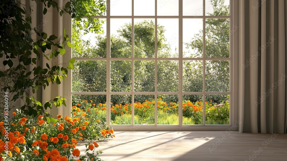 Fototapeta premium Bright, sunny room with a large window view of a beautiful garden filled with orange flowers and lush greenery.