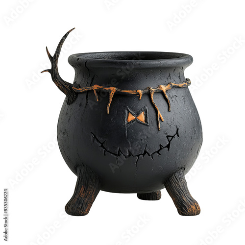 Black Halloween cauldron with antlers and a scary face photo