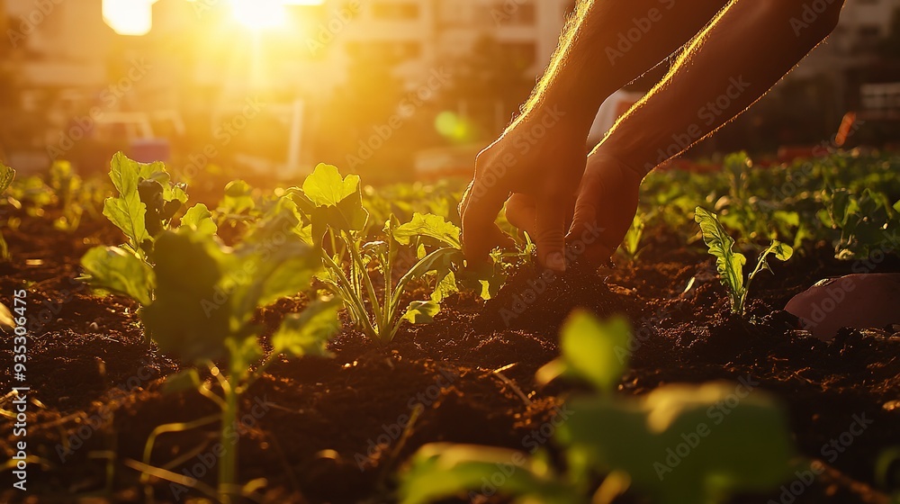 Fototapeta premium In an urban setting, a community vegetable garden with hands tending soil under golden sunset light, symbolizing food security and sustainability