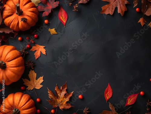 Autumn leaves and pumpkins on dark background. Flat design, top view with copy space.