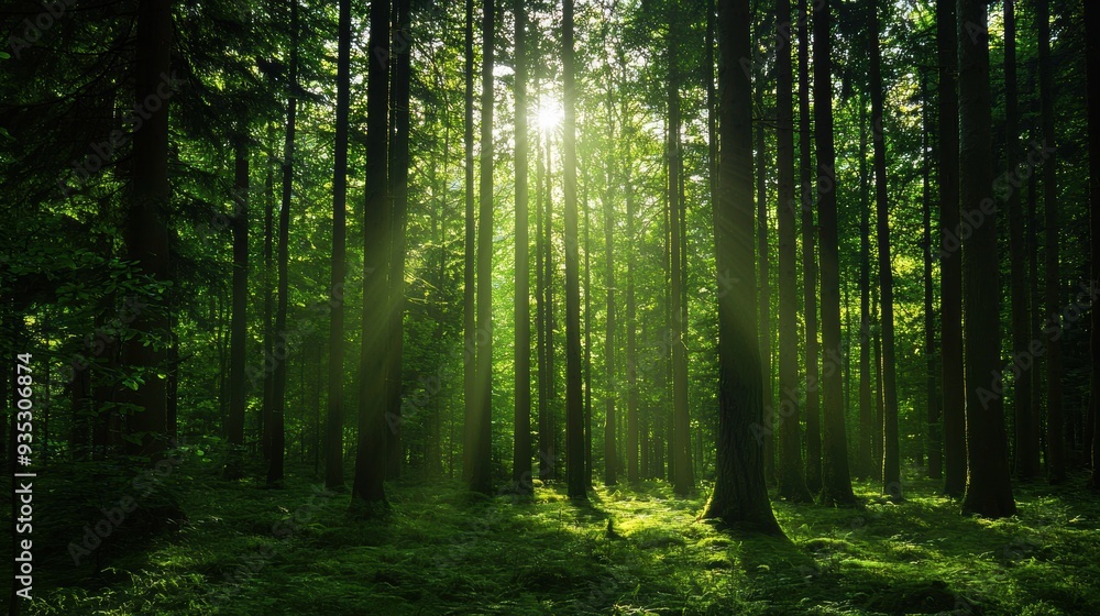 Obraz premium Serene Sunlit Forest with Dense Greenery and Tall Trees in Afternoon Light