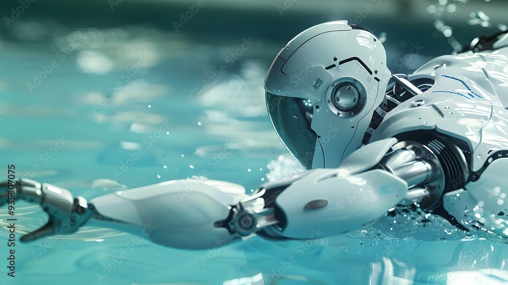 Robot Swimmer Diving into Pool: A streamlined robot diving into a pool, creating minimal splash as it enters the water.
Robot Swimmer Diving into Pool: A streamlined robot diving into a pool, creating minimal splash as it enters the water.