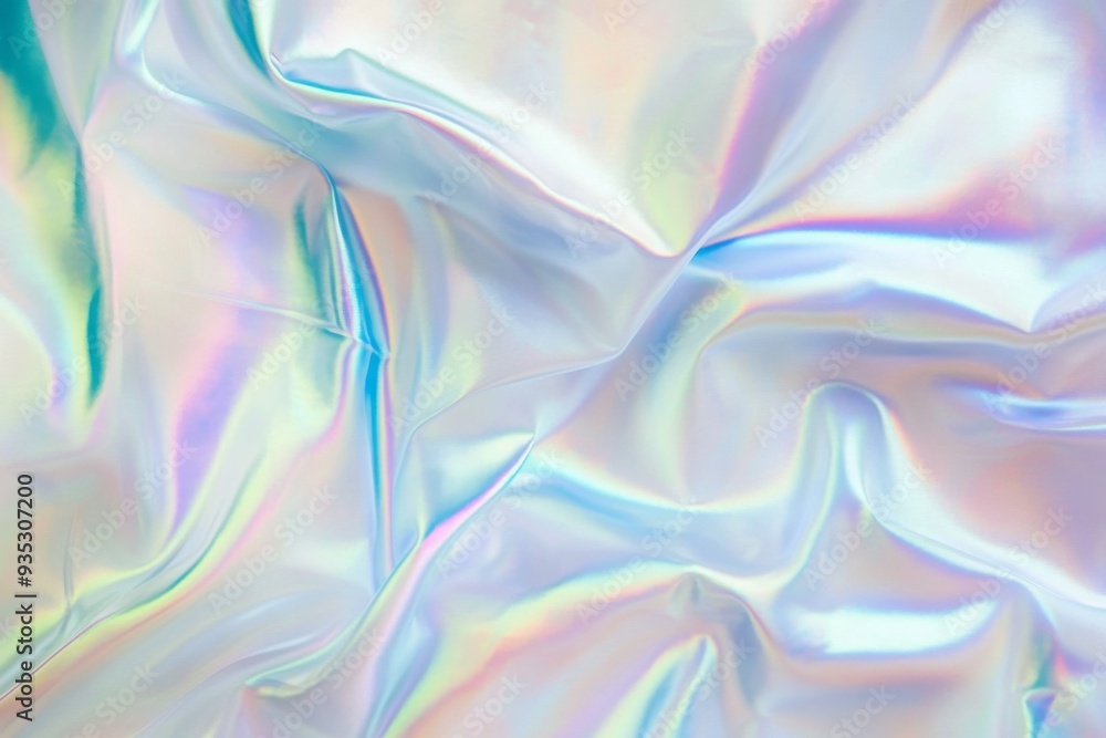 Fototapeta premium Holographic Background with Iridescent Rainbow Effect and Flowing Fabrics in Pastel White and Light Blue Colors for Dreamy and Ethereal Visuals