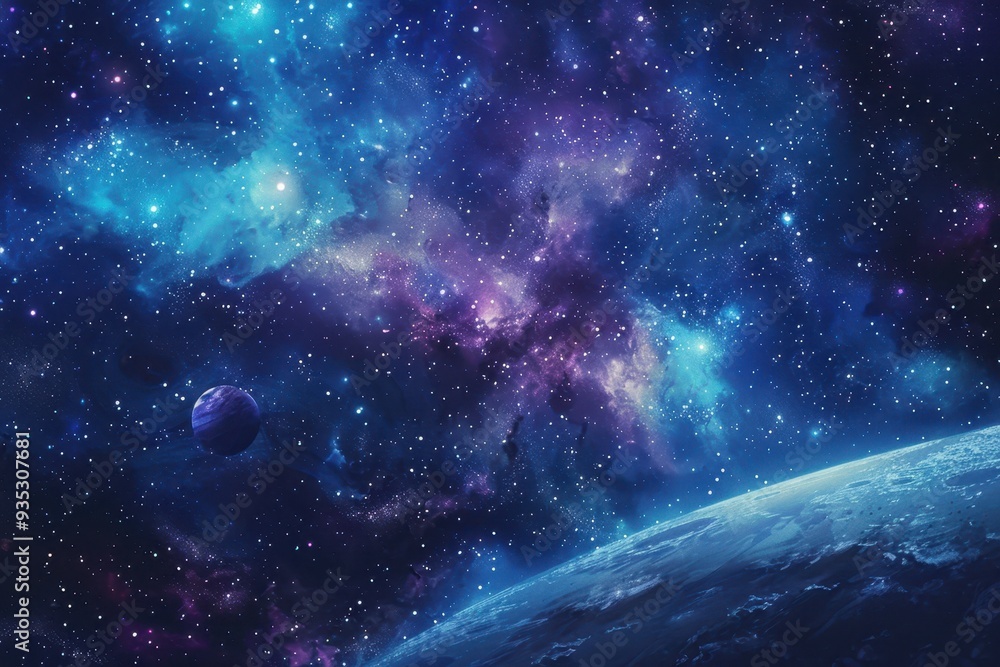 A planet viewed from space with a nebula and stars in the background. A planet viewed from space with a nebula and stars in the background.