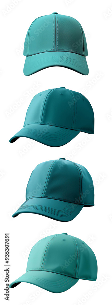 Collection of stylish teal caps showcasing various angles , PNG Collection of stylish teal caps showcasing various angles , PNG