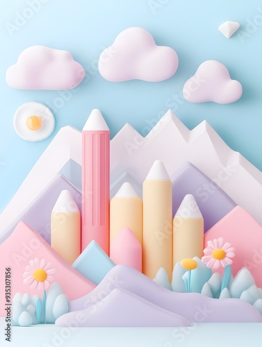 Pastel-Colored Clouds and Geometric Landscape in Digital 3D