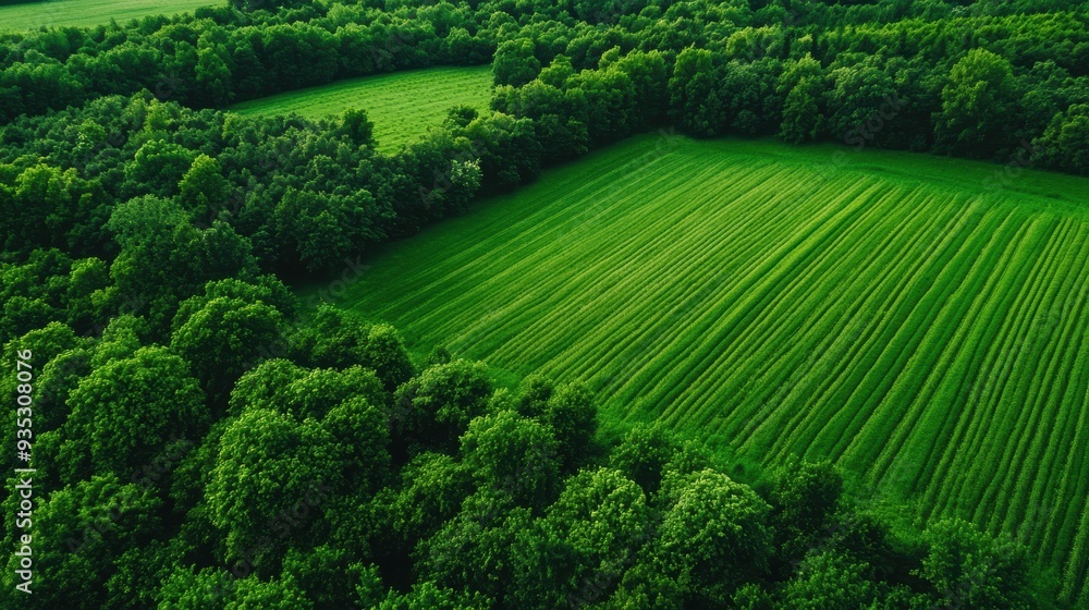 Obraz premium Aerial View of Lush Green Fields Adjacent to Dense Forest on a Bright Summer Day