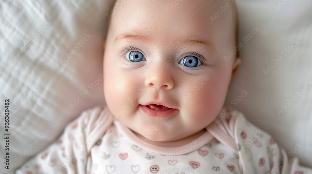 Portrait of a Smiling Baby with Big Blue Eyes on a Soft White Blanket Portrait of a Smiling Baby with Big Blue Eyes on a Soft White Blanket