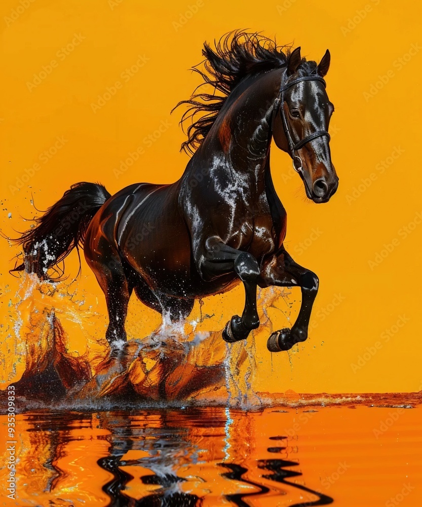 A black horse is running on a yellow film background. A black horse is running on a yellow film background.