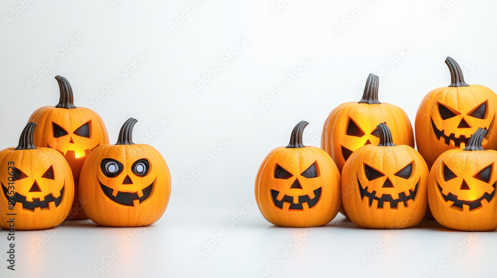 Halloween pumpkins, various carved expressions glowing warmly, playful and sinister faces, festive autumn decor, enchanting seasonal charm and spooky atmosphere Halloween pumpkins, various carved expressions glowing warmly, playful and sinister faces, festive autumn decor, enchanting seasonal charm and spooky atmosphere