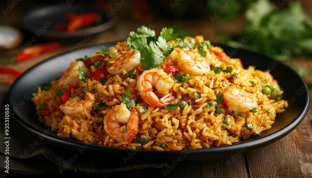 Close-up of a plate of shrimp fried rice with cilantro garnish, red peppers, and peas. Close-up of a plate of shrimp fried rice with cilantro garnish, red peppers, and peas.