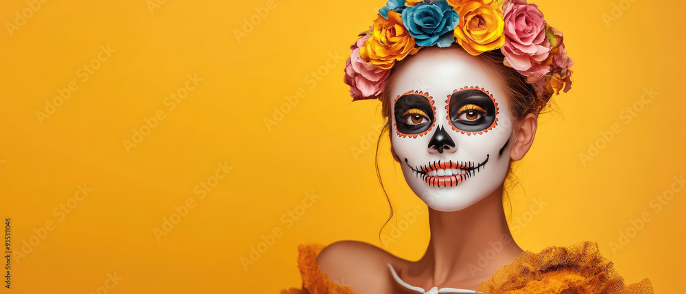Woman in vibrant yellow dress with intricate sugar skull makeup and floral crown, embodying cultural celebration and artistic expression, against bright yellow backdrop. Woman in vibrant yellow dress with intricate sugar skull makeup and floral crown, embodying cultural celebration and artistic expression, against bright yellow backdrop.