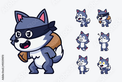 cute wolf cartoon character set