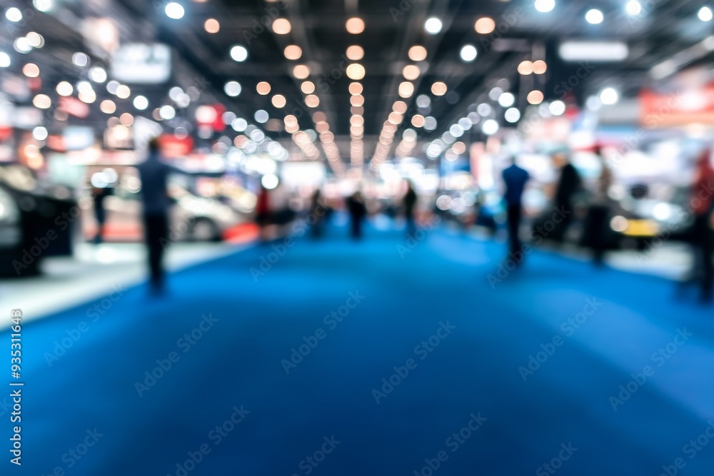 Blurred Background of Indoor Exhibition Hall with Visitors Exploring Pavilions Displaying Cars, Home Appliances, Tech Gadgets, and Food Items on a Blue-Carpeted Show Floor Blurred Background of Indoor Exhibition Hall with Visitors Exploring Pavilions Displaying Cars, Home Appliances, Tech Gadgets, and Food Items on a Blue-Carpeted Show Floor