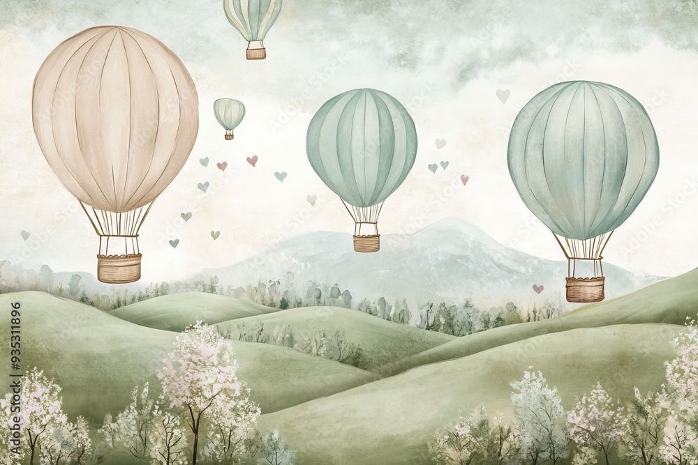 Obraz premium Design for an eco-friendly child's room. Fantasy wallpaper for a baby's wall. Adventure theme. Realistic illustrations.