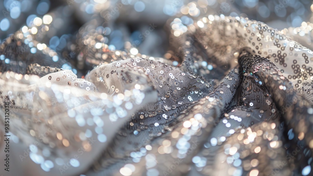 A close-up shot of silver sequined fabric with a soft focus, creating a bokeh effect with sparkling lights, A close-up shot of silver sequined fabric with a soft focus, creating a bokeh effect with sparkling lights,