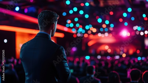 Man in Suit Observing a Colorful Business Conference with Bokeh Lighting and Attendees