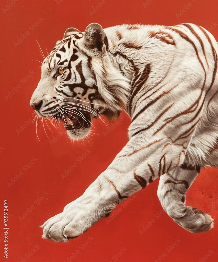 The image Cinematic is a close-up of a tiger with a red background The image Cinematic is a close-up of a tiger with a red background