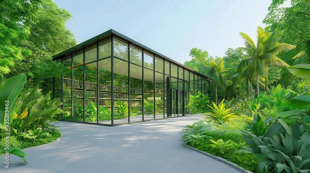 Library surrounded by a botanical garden, large glass walls integrating nature into the interior space, soft sunlight, photorealistic style Library surrounded by a botanical garden, large glass walls integrating nature into the interior space, soft sunlight, photorealistic style