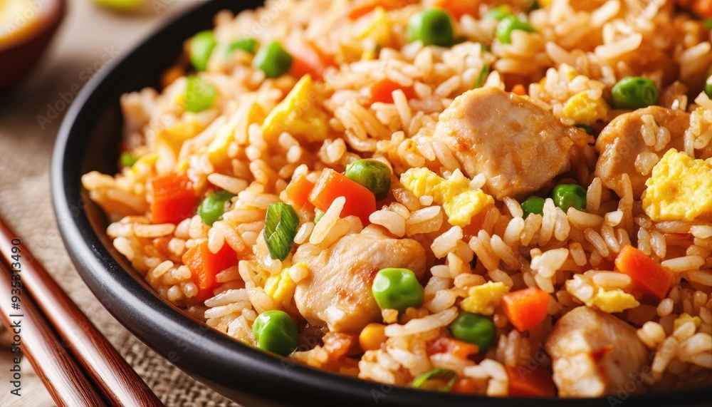 Close-up of chicken fried rice with peas, carrots, and scrambled egg in a black bowl with chopsticks on a burlap background.