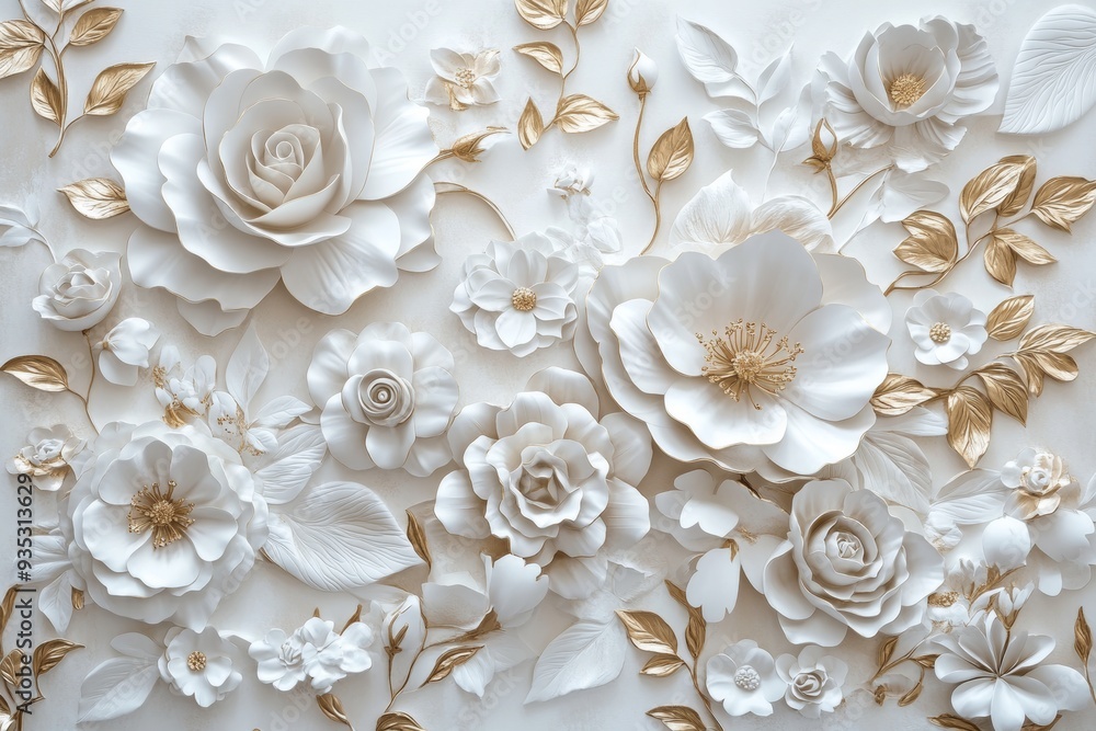 In stucco, peonies display golden leaves and buds. In stucco, peonies display golden leaves and buds.