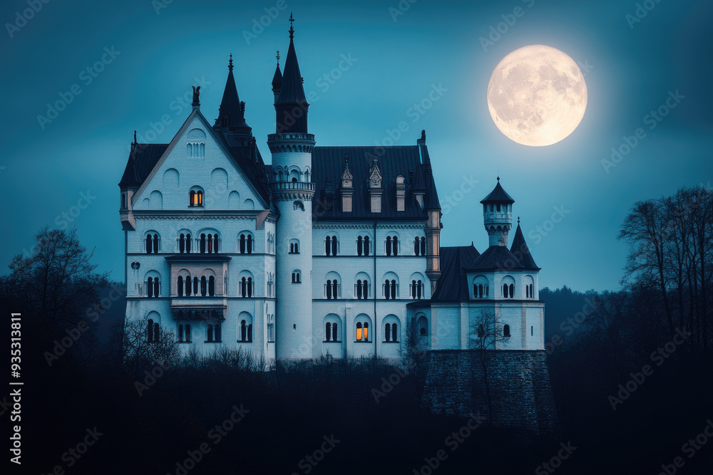 Moonlit Fairy Tale Castle, a majestic, ornate structure stands against a twilight sky illuminated by a bright full moon, evoking a sense of magic and mystery in the air. Moonlit Fairy Tale Castle, a majestic, ornate structure stands against a twilight sky illuminated by a bright full moon, evoking a sense of magic and mystery in the air.