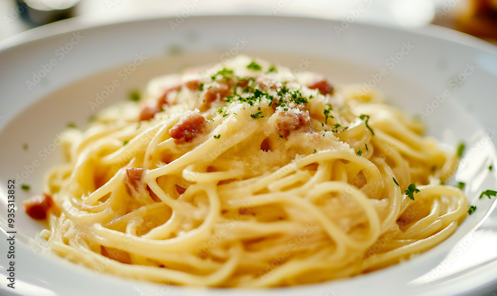 spaghetti Carbonara with parmesan cheese and basil on top in nice arrangement spaghetti Carbonara with parmesan cheese and basil on top in nice arrangement
