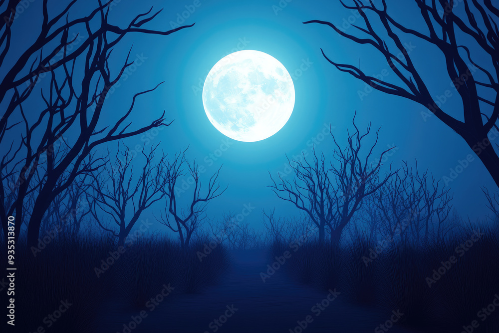 Fototapeta premium Eerie moonlit landscape, haunting silhouettes of barren trees, dense mist enveloping a desolate path under a glowing full moon, evoking a sense of mystery and solitude.