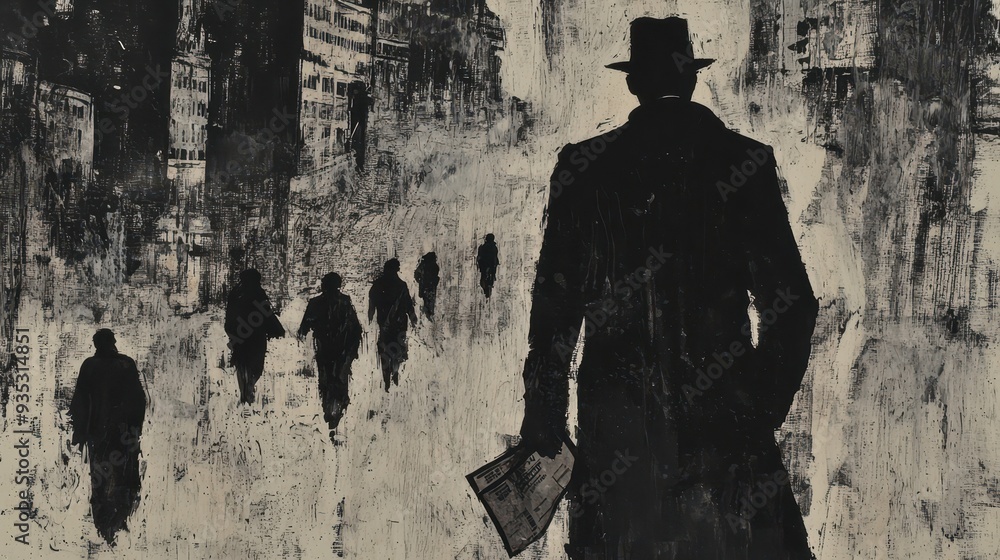 A shadowy figure in a trench coat stands in the foreground, surrounded by indistinct silhouettes, evoking mystery and intrigue. A shadowy figure in a trench coat stands in the foreground, surrounded by indistinct silhouettes, evoking mystery and intrigue.