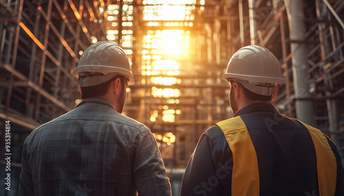 Two construction workers in hard hats stand back to back in a factory, looking at the setting sun.