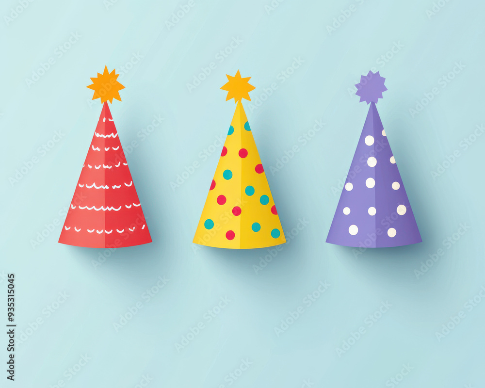 Colorful party hats in red, yellow, and purple create a festive atmosphere for celebrations and joyful events. Colorful party hats in red, yellow, and purple create a festive atmosphere for celebrations and joyful events.