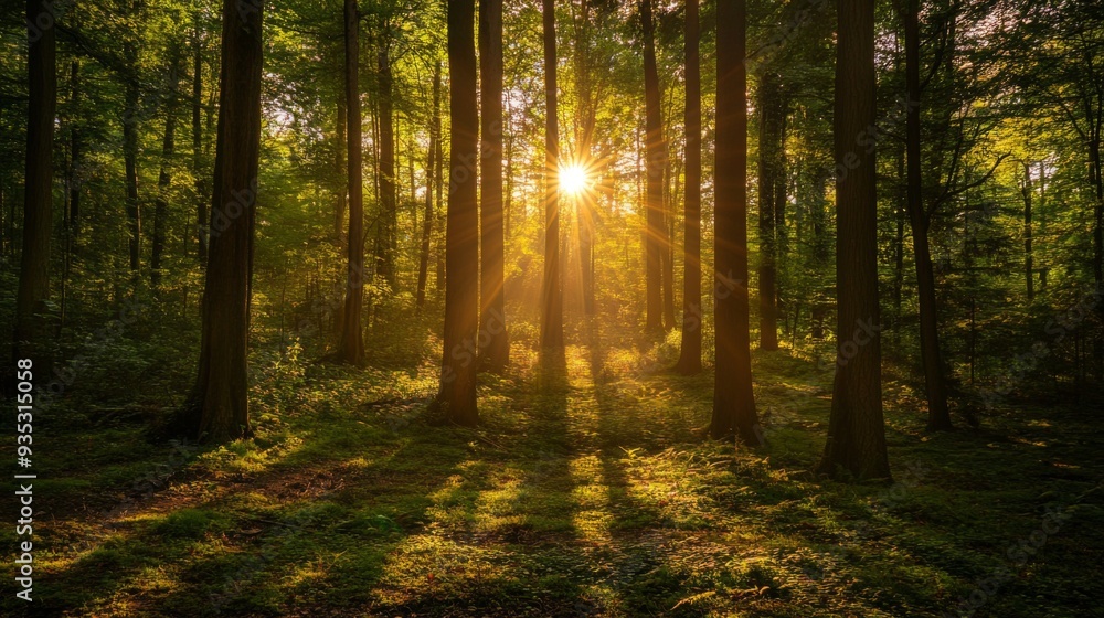 Sunbeams break through the trees in a dense forest. Sunbeams break through the trees in a dense forest.